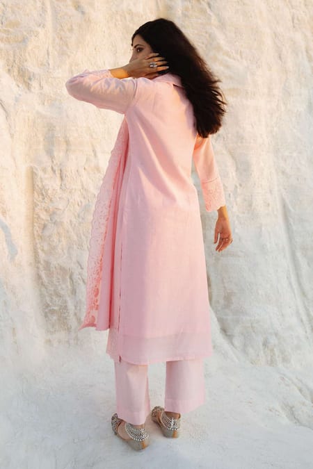 Shop Karaj Jaipur Pink Chanderi, Cotton Embroidery Round Neck Light Kurta Set at Aza Fashions Shop_Karaj Jaipur_Pink Chanderi, Cotton Embroidery Round Neck Light Kurta Set _at_Aza_Fashions