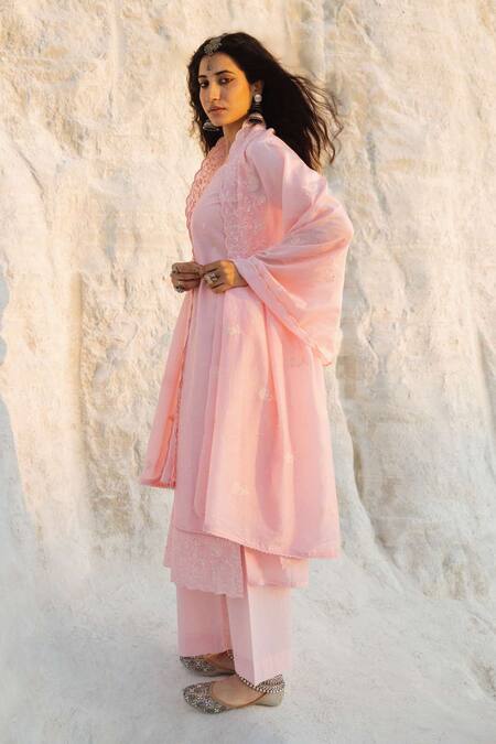 Buy Karaj Jaipur Pink Chanderi, Cotton Embroidery Round Neck Light Kurta Set Online at Aza Fashions Buy_Karaj Jaipur_Pink Chanderi, Cotton Embroidery Round Neck Light Kurta Set _Online_at_Aza_Fashions