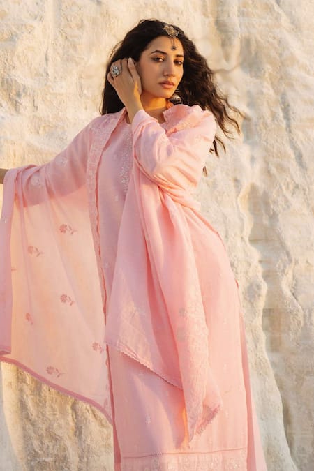 Shop Karaj Jaipur Pink Chanderi, Cotton Embroidery Round Neck Light Kurta Set Online at Aza Fashions Shop_Karaj Jaipur_Pink Chanderi, Cotton Embroidery Round Neck Light Kurta Set _Online_at_Aza_Fashions