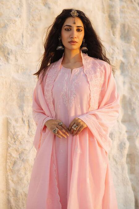 Karaj Jaipur Pink Chanderi, Cotton Embroidery Round Neck Light Kurta Set at Aza Fashions Karaj Jaipur_Pink Chanderi, Cotton Embroidery Round Neck Light Kurta Set _at_Aza_Fashions
