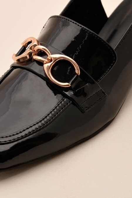 LA Fiza_Black Chains Patent Mule Loafer Block Heels_Online_at_Aza_Fashions