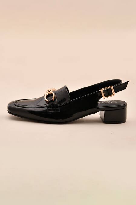 Shop_LA Fiza_Black Chains Patent Mule Loafer Block Heels_Online_at_Aza_Fashions