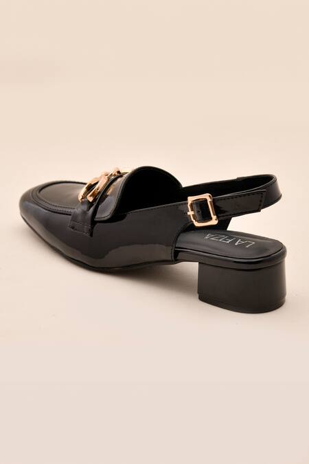 LA Fiza_Black Chains Patent Mule Loafer Block Heels_at_Aza_Fashions