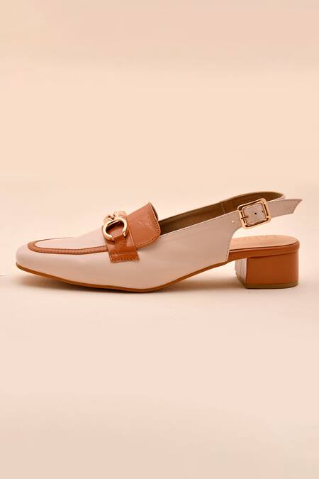 Shop_LA Fiza_Ivory Chains Tan Mule Loafer Block Heels_Online_at_Aza_Fashions