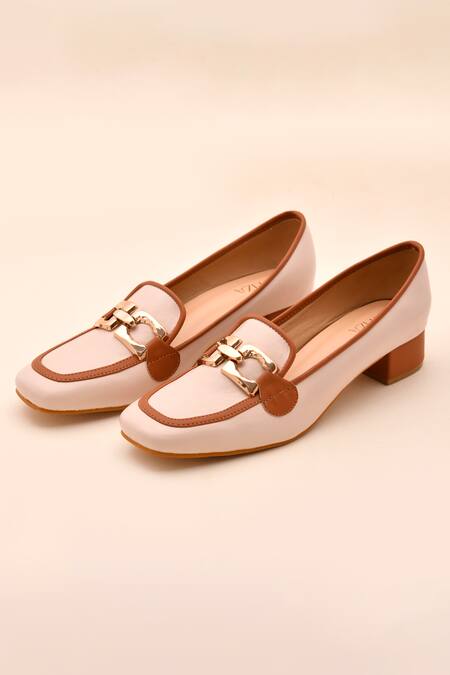 Shop LA Fiza Ivory Buckles Designer Pump Loafer Heels at Aza Fashions Shop_LA Fiza_Ivory Buckles Designer Pump Loafer Heels_at_Aza_Fashions