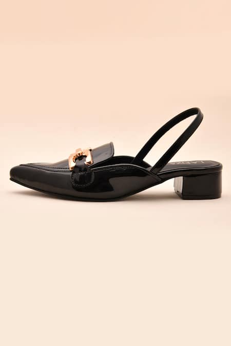 LA Fiza Black Buckles Patent Pointed Toe Block Heel Mules Online at Aza Fashions LA Fiza_Black Buckles Patent Pointed Toe Block Heel Mules_Online_at_Aza_Fashions