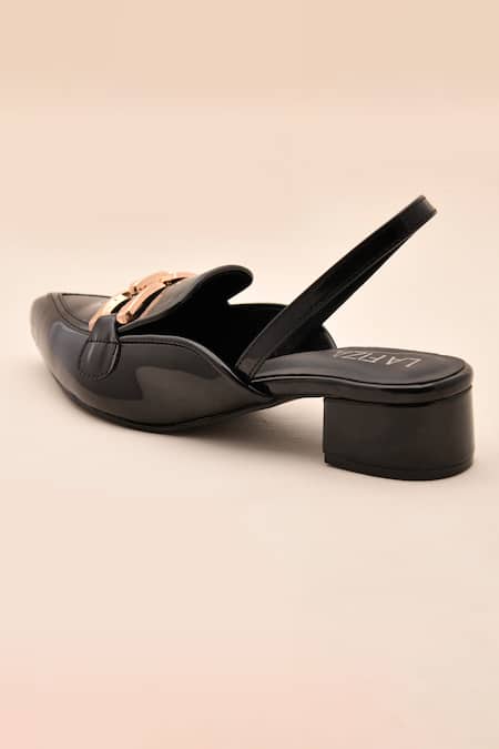Buy LA Fiza Black Buckles Patent Pointed Toe Block Heel Mules Online at Aza Fashions Buy_LA Fiza_Black Buckles Patent Pointed Toe Block Heel Mules_Online_at_Aza_Fashions