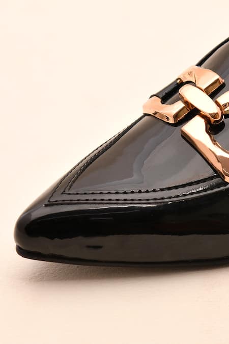 Shop LA Fiza Black Buckles Patent Pointed Toe Block Heel Mules Online at Aza Fashions Shop_LA Fiza_Black Buckles Patent Pointed Toe Block Heel Mules_Online_at_Aza_Fashions