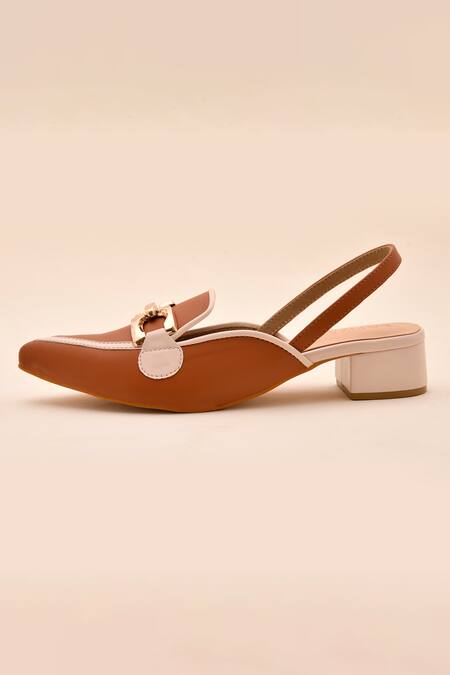 LA Fiza Brown Buckles Sienna Pointed Toe Block Heel Mules Online at Aza Fashions LA Fiza_Brown Buckles Sienna Pointed Toe Block Heel Mules_Online_at_Aza_Fashions