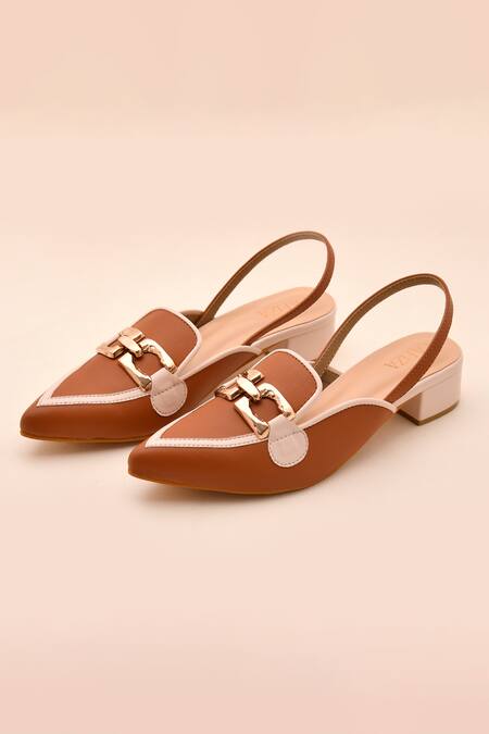 Shop LA Fiza Brown Buckles Sienna Pointed Toe Block Heel Mules at Aza Fashions Shop_LA Fiza_Brown Buckles Sienna Pointed Toe Block Heel Mules_at_Aza_Fashions