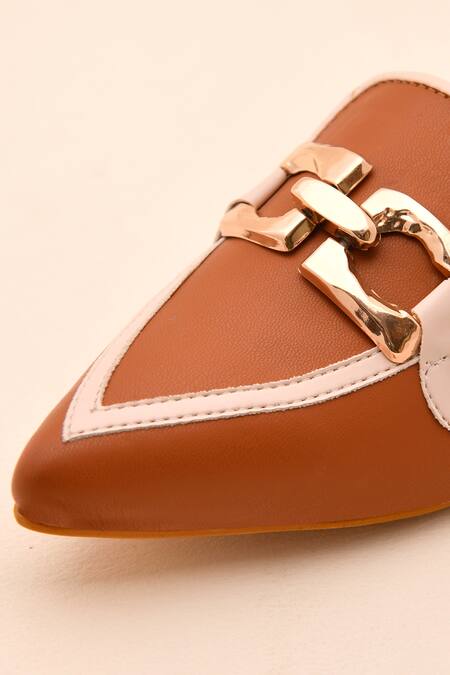 Shop LA Fiza Brown Buckles Sienna Pointed Toe Block Heel Mules Online at Aza Fashions Shop_LA Fiza_Brown Buckles Sienna Pointed Toe Block Heel Mules_Online_at_Aza_Fashions