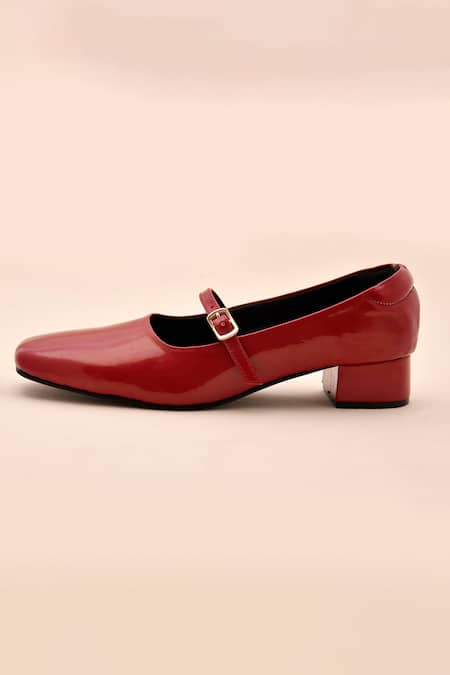 LA Fiza_Burgundy Buckles Patent Cherry Mary Jane Pumps_Online_at_Aza_Fashions