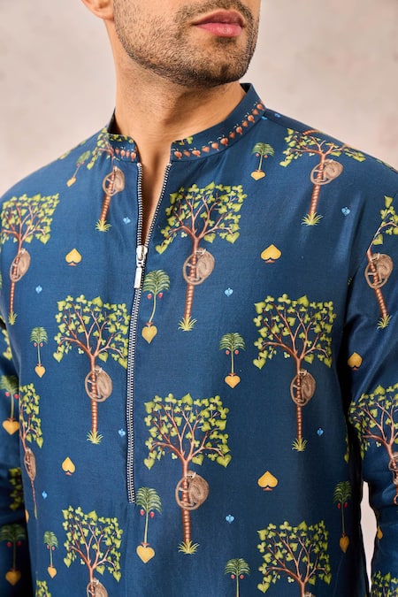 Masaba_Blue Chanderi Tree Print Kurta _Online_at_Aza_Fashions