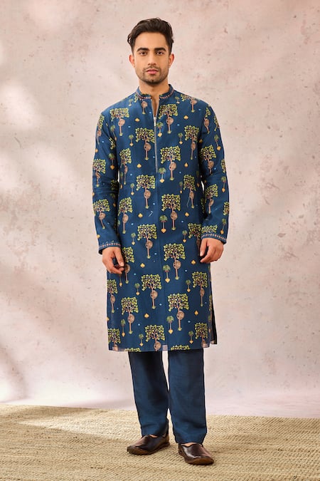 Buy_Masaba_Blue Chanderi Tree Print Kurta _Online_at_Aza_Fashions
