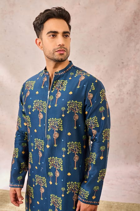 Shop_Masaba_Blue Chanderi Tree Print Kurta _Online_at_Aza_Fashions