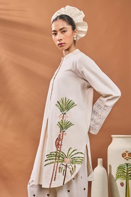 Masaba Ivory Linen Embroidery Mandarin Collar Blooming Board Kurta Set Online at Aza Fashions Masaba_Ivory Linen Embroidery Mandarin Collar Blooming Board Kurta Set _Online_at_Aza_Fashions