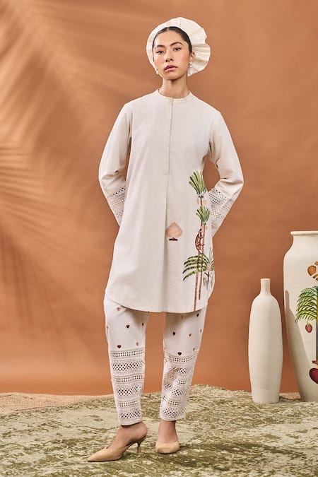 Buy Masaba Ivory Linen Embroidery Mandarin Collar Blooming Board Kurta Set Online at Aza Fashions Buy_Masaba_Ivory Linen Embroidery Mandarin Collar Blooming Board Kurta Set _Online_at_Aza_Fashions