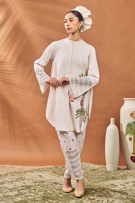 Shop Masaba Ivory Linen Embroidery Mandarin Collar Blooming Board Kurta Set Online at Aza Fashions Shop_Masaba_Ivory Linen Embroidery Mandarin Collar Blooming Board Kurta Set _Online_at_Aza_Fashions