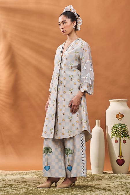 Shop_Masaba_Blue Chanderi Embroidery V-neck Powder Printed Kurta Set _Online_at_Aza_Fashions