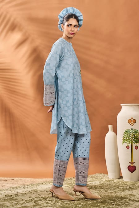 Buy_Masaba_Blue Crepe, Silk Collared Blooming Board Kurta Set _Online_at_Aza_Fashions