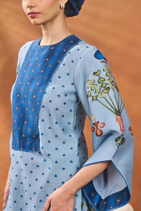Masaba_Blue Chanderi Embroidery Round Neck Powder Printed Kurta Set _Online_at_Aza_Fashions