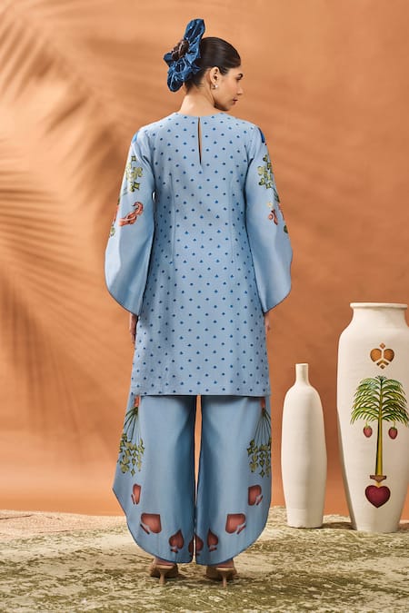 Shop_Masaba_Blue Chanderi Embroidery Round Neck Powder Printed Kurta Set _at_Aza_Fashions