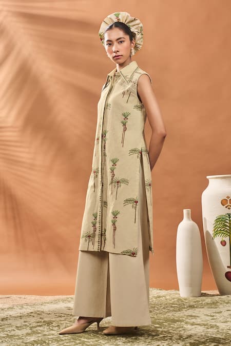 Buy_Masaba_Green Linen Embroidery Collared Sage Blooming Board Kurta Set _Online_at_Aza_Fashions