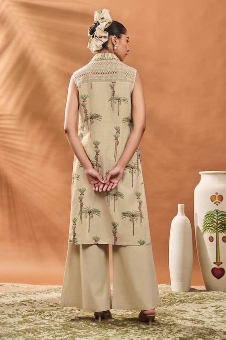 Shop_Masaba_Green Linen Embroidery Collared Sage Blooming Board Kurta Set _at_Aza_Fashions