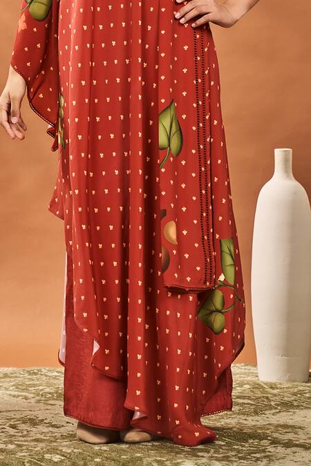 Shop Masaba Red Crepe, Silk Asymmetric Meadow Printed Kurta Set Online at Aza Fashions Shop_Masaba_Red Crepe, Silk Asymmetric Meadow Printed Kurta Set _Online_at_Aza_Fashions