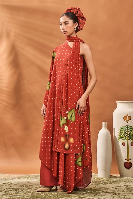 Buy Masaba Red Crepe, Silk Asymmetric Meadow Printed Kurta Set Buy_Masaba_Red Crepe, Silk Asymmetric Meadow Printed Kurta Set