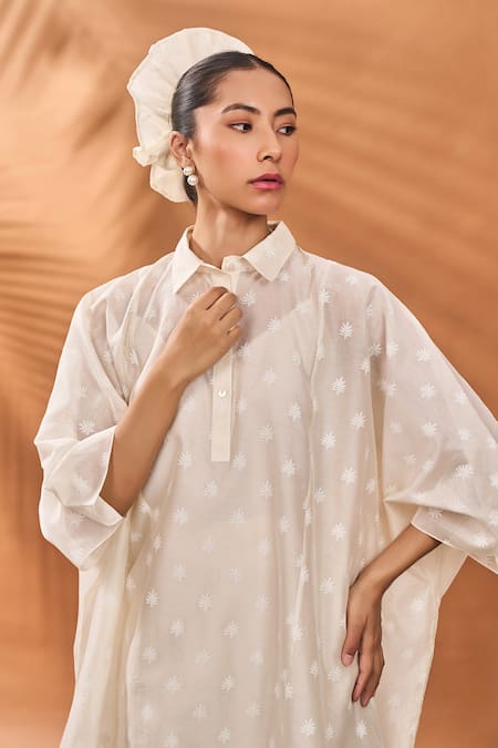Masaba_Ivory Chanderi Embroidery Collared Trellis Palm Khadi Print Kaftan Set _Online_at_Aza_Fashions