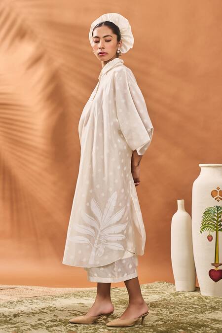 Buy_Masaba_Ivory Chanderi Embroidery Collared Trellis Palm Khadi Print Kaftan Set _Online_at_Aza_Fashions