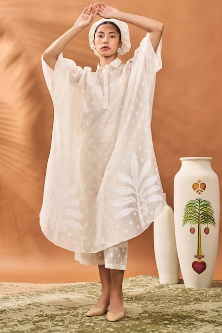 Shop_Masaba_Ivory Chanderi Embroidery Collared Trellis Palm Khadi Print Kaftan Set _Online_at_Aza_Fashions