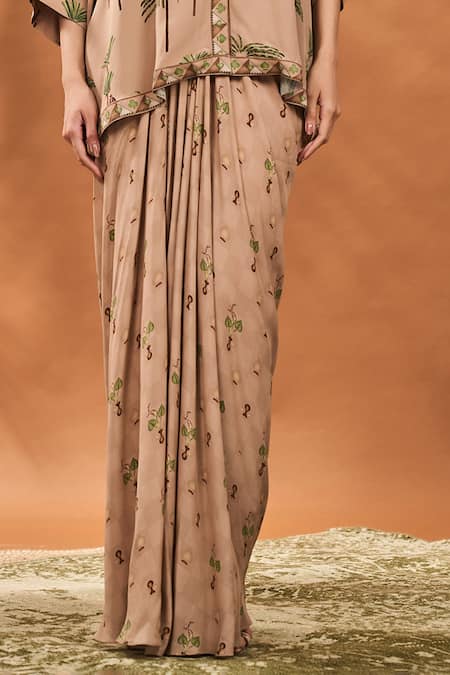 Masaba_Beige Crepe, Silk Collared Blooming Board Skirt Set _Online_at_Aza_Fashions