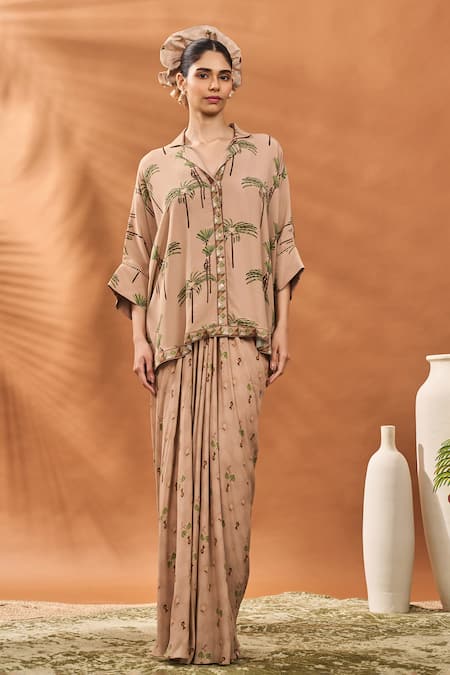 Shop_Masaba_Beige Crepe, Silk Collared Blooming Board Skirt Set _Online_at_Aza_Fashions