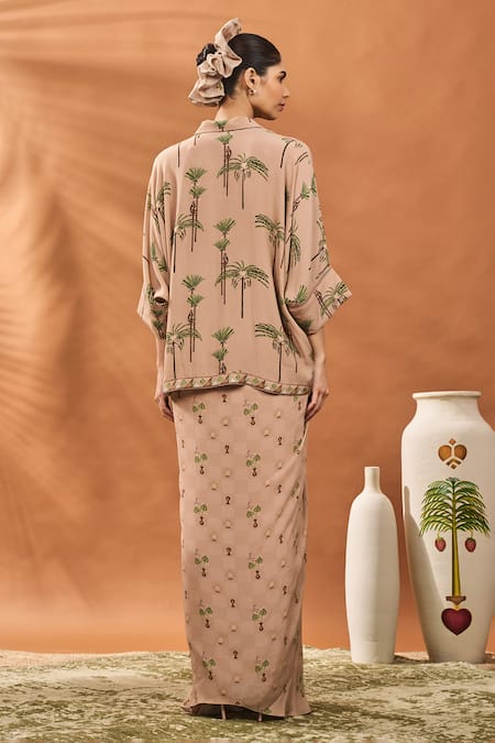 Shop_Masaba_Beige Crepe, Silk Collared Blooming Board Skirt Set _at_Aza_Fashions
