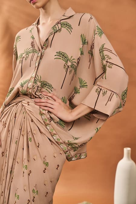 Masaba_Beige Crepe, Silk Collared Blooming Board Skirt Set _at_Aza_Fashions