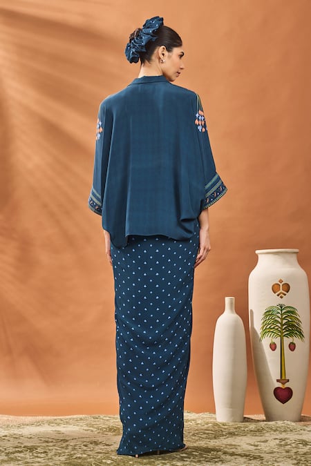 Shop_Masaba_Navy Crepe, Silk Embroidery V-neck All Fours Placement Top And Skirt Set _at_Aza_Fashions