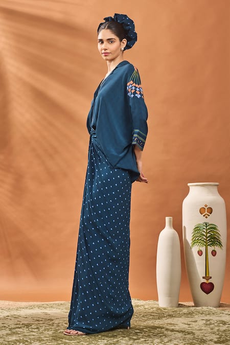 Masaba_Navy Crepe, Silk Embroidery V-neck All Fours Placement Top And Skirt Set _Online_at_Aza_Fashions