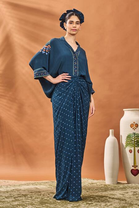 Buy_Masaba_Navy Crepe, Silk Embroidery V-neck All Fours Placement Top And Skirt Set _Online_at_Aza_Fashions