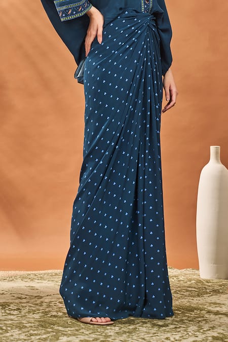 Shop_Masaba_Navy Crepe, Silk Embroidery V-neck All Fours Placement Top And Skirt Set _Online_at_Aza_Fashions