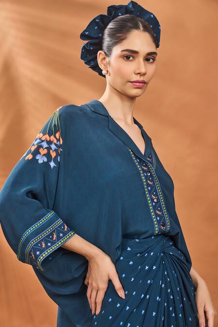 Masaba_Navy Crepe, Silk Embroidery V-neck All Fours Placement Top And Skirt Set _at_Aza_Fashions
