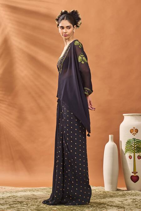 Masaba_Black Georgette, Crepe Sequins V-, Round Ace Of Clubs Fusion Kurta Set _Online_at_Aza_Fashions