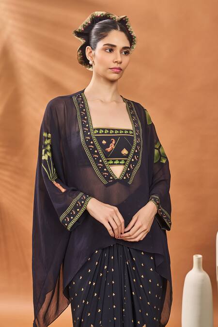 Masaba_Black Georgette, Crepe Sequins V-, Round Ace Of Clubs Fusion Kurta Set _at_Aza_Fashions