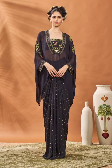 Shop_Masaba_Black Georgette, Crepe Sequins V-, Round Ace Of Clubs Fusion Kurta Set 
