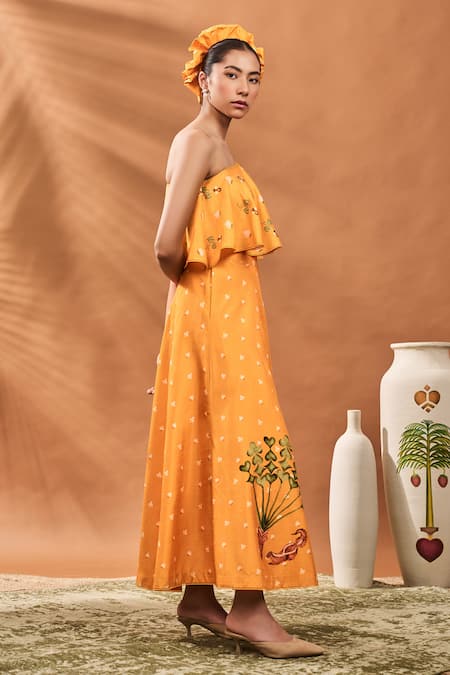 Masaba_Yellow Silk Embroidery One Shoulder Spade Blossom Skirt Set _Online_at_Aza_Fashions