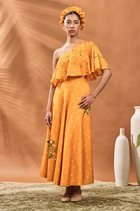 Shop_Masaba_Yellow Silk Embroidery One Shoulder Spade Blossom Skirt Set _Online_at_Aza_Fashions