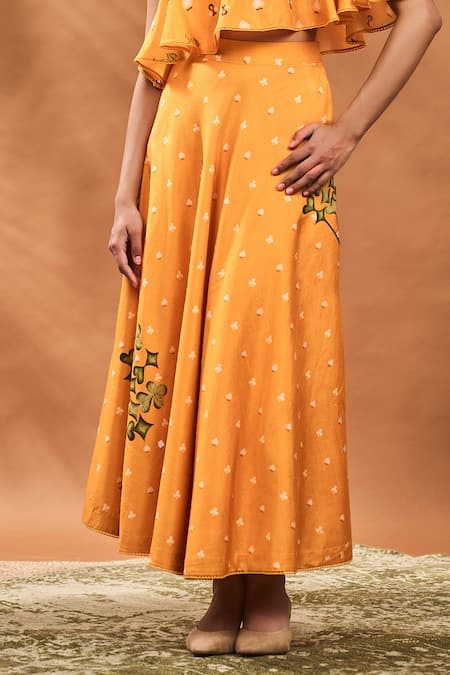 Masaba_Yellow Silk Embroidery One Shoulder Spade Blossom Skirt Set _at_Aza_Fashions