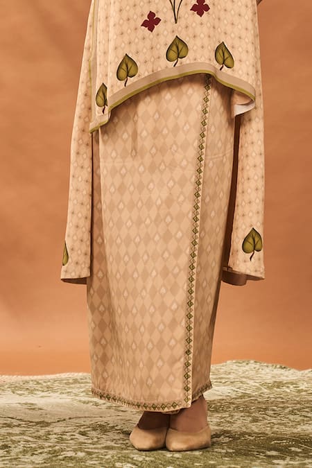 Masaba_Beige Crepe, Silk Embroidery V-neck Clover Checks Top And Skirt Set _Online_at_Aza_Fashions