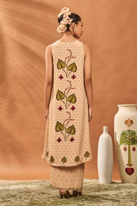 Shop_Masaba_Beige Crepe, Silk Embroidery V-neck Clover Checks Top And Skirt Set _at_Aza_Fashions